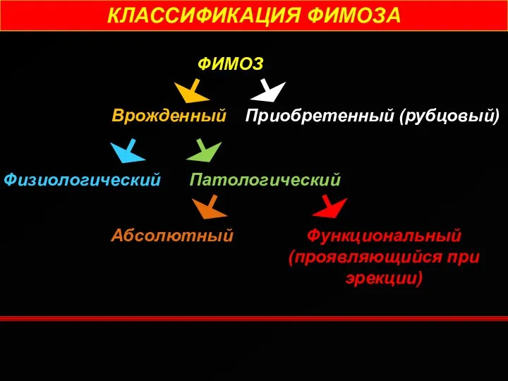 КЛАССИФИКАЦИЯ ФИМОЗА ФИМОЗ Врожденный Приобретенный (рубцовый) Физиологический Патологический Абсолютный Функциональный (проявляющийся при эрекции)