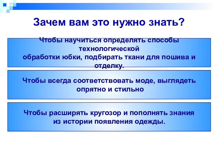 Зачем вам это нужно знать? Чтобы научиться определять способы технологической обработки юбки,