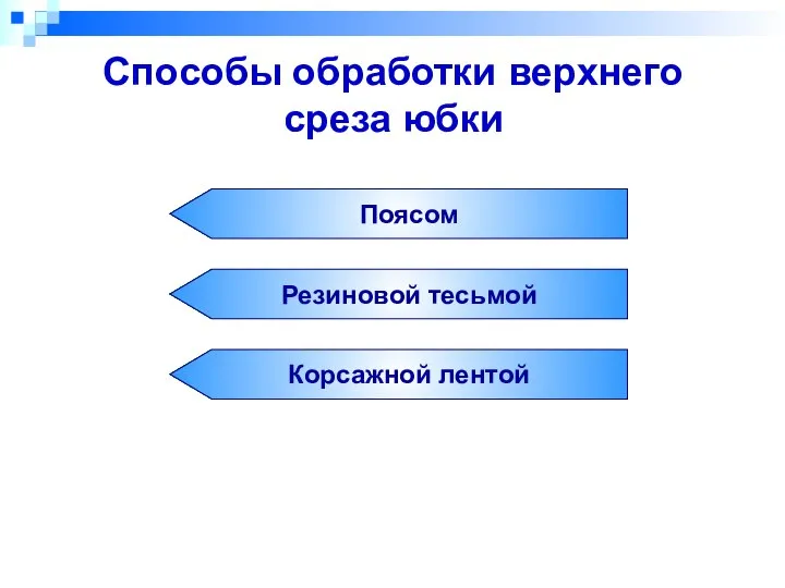 Способы обработки верхнего среза юбки Поясом Резиновой тесьмой Корсажной лентой