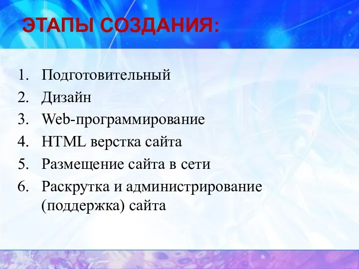 ЭТАПЫ СОЗДАНИЯ: Подготовительный Дизайн Web-программирование HTML верстка сайта Размещение сайта в сети