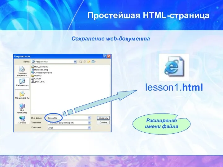 Простейшая HTML-страница Сохранение web-документа lesson1.html Расширение имени файла