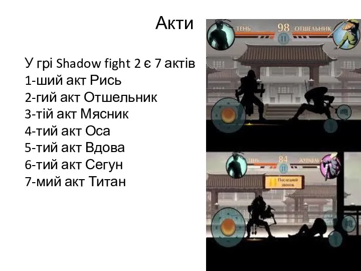 Акти У грі Shadow fight 2 є 7 актів 1-ший акт Рись