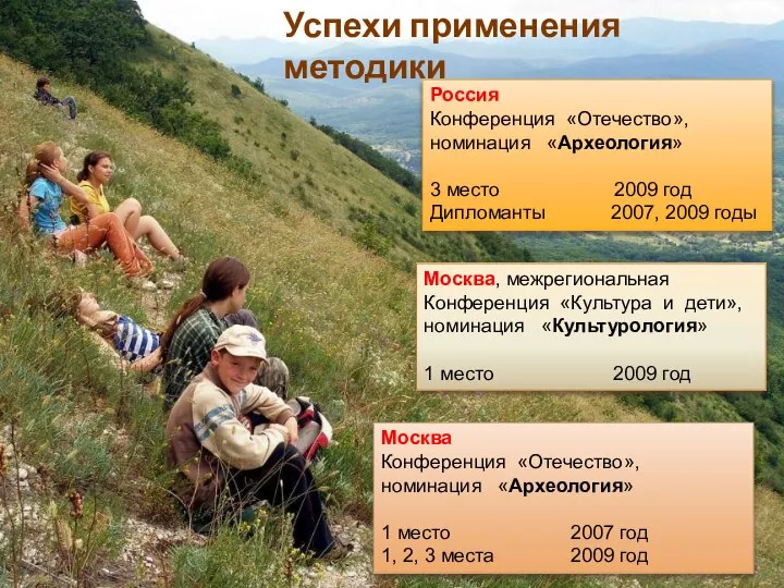 Успехи применения методики Москва Конференция «Отечество», номинация «Археология» 1 место 2007 год