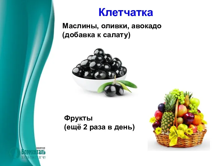 Клетчатка Маслины, оливки, авокадо (добавка к салату) Фрукты (ещё 2 раза в день)
