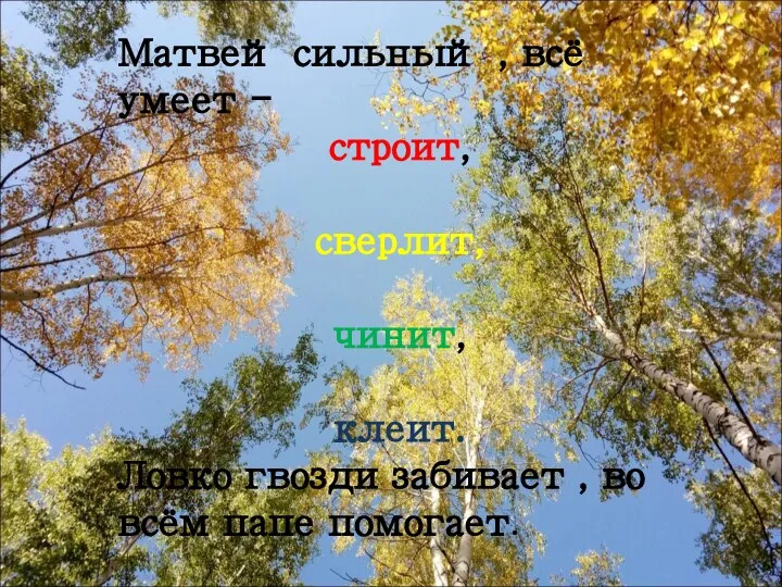 Матвей сильный , всё умеет - строит, сверлит, чинит, клеит. Ловко гвозди