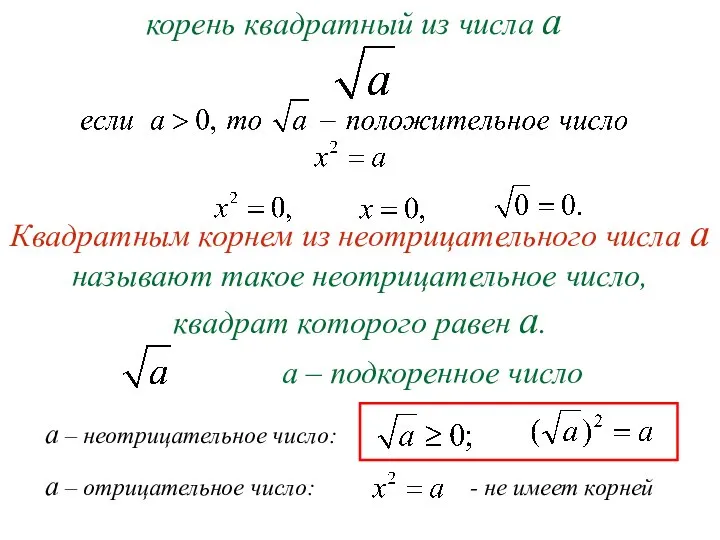 Квадратным корнем из неотрицательного числа а называют такое неотрицательное число, квадрат которого равен а.