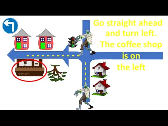 and turn left. The coffee shop is on the left Go straight