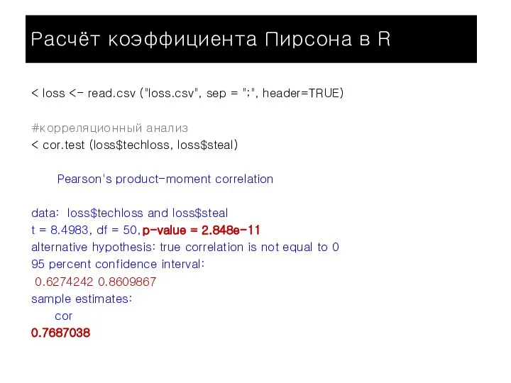 Расчёт коэффициента Пирсона в R #корреляционный анализ Pearson's product-moment correlation data: loss$techloss