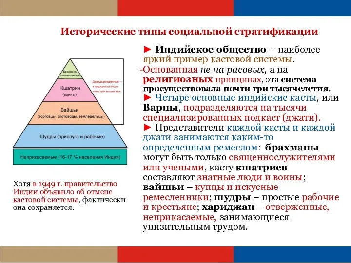 Исторические типы социальной стратификации ► Индийское общество – наиболее яркий пример кастовой