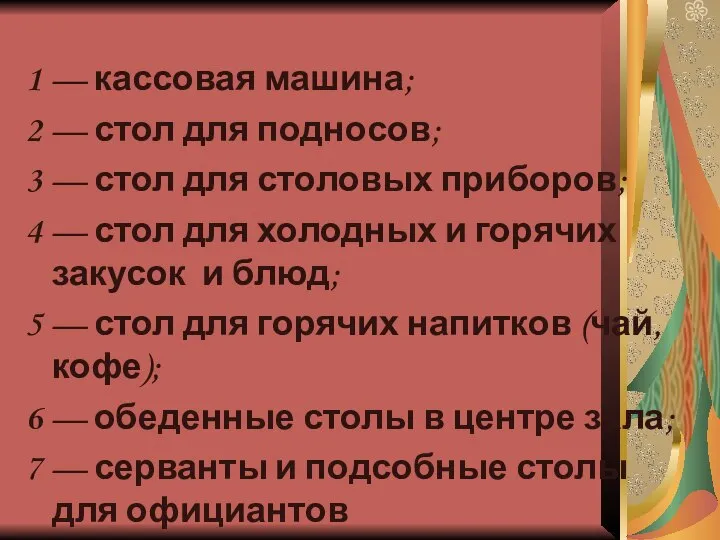 1 — кассовая машина; 2 — стол для подносов; 3 — стол