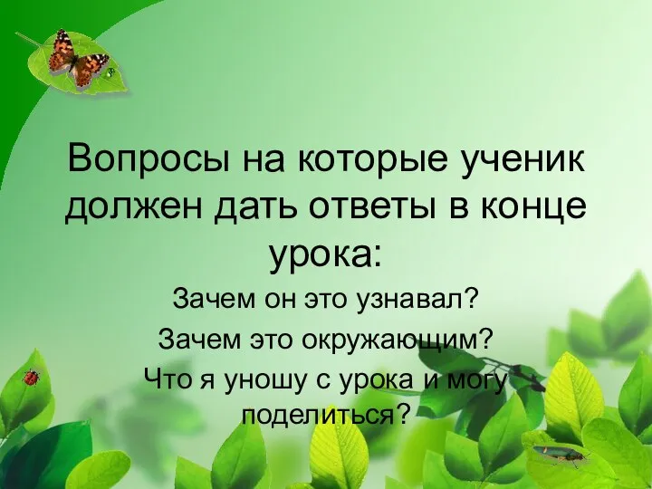 Вопросы на которые ученик должен дать ответы в конце урока: Зачем он