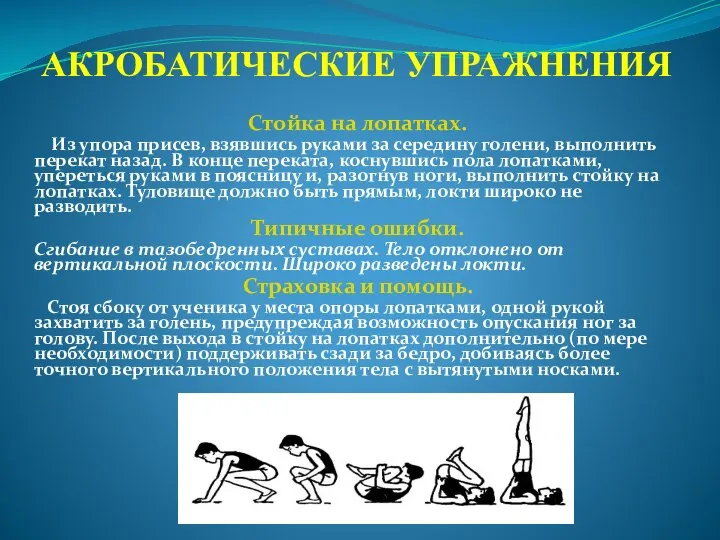 АКРОБАТИЧЕСКИЕ УПРАЖНЕНИЯ Стойка на лопатках. Из упора присев, взявшись руками за середину