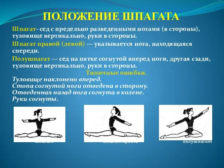 ПОЛОЖЕНИЕ ШПАГАТА Шпагат- сед с предельно разведенными ногами (в стороны),туловище вертикально, руки