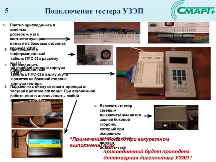 Подключение тестера УЗЭП 5 Плотно присоединить 8 зелёных розеток жгута к соответствующим