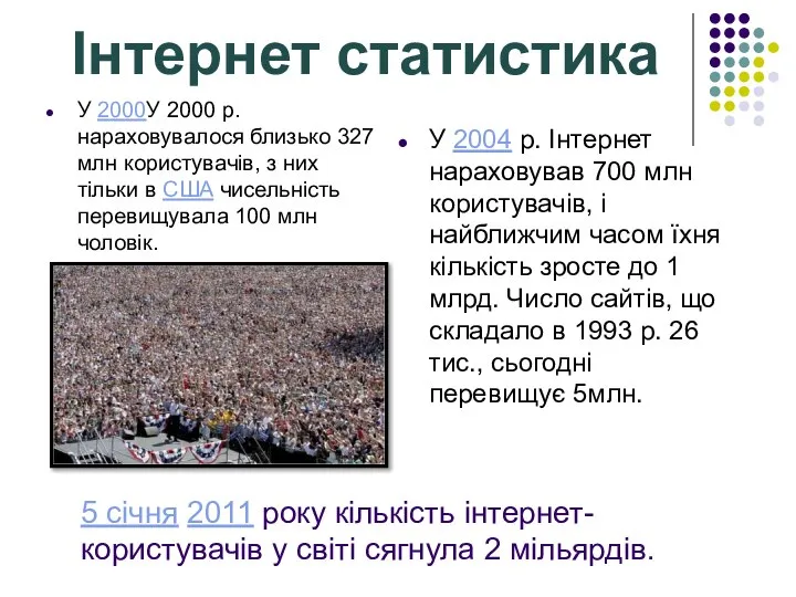 5 січня 2011 року кількість інтернет-користувачів у світі сягнула 2 мільярдів. У