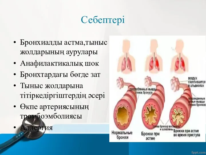 Себептері Бронхиалды астма,тыныс жолдарының аурулары Анафилактикалық шок Бронхтардағы бөгде зат Тыныс жолдарына