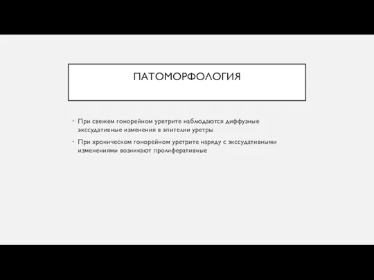 ПАТОМОРФОЛОГИЯ При свежем гонорейном уретрите наблюдаются диффузные экссудативные изменения в эпителии уретры