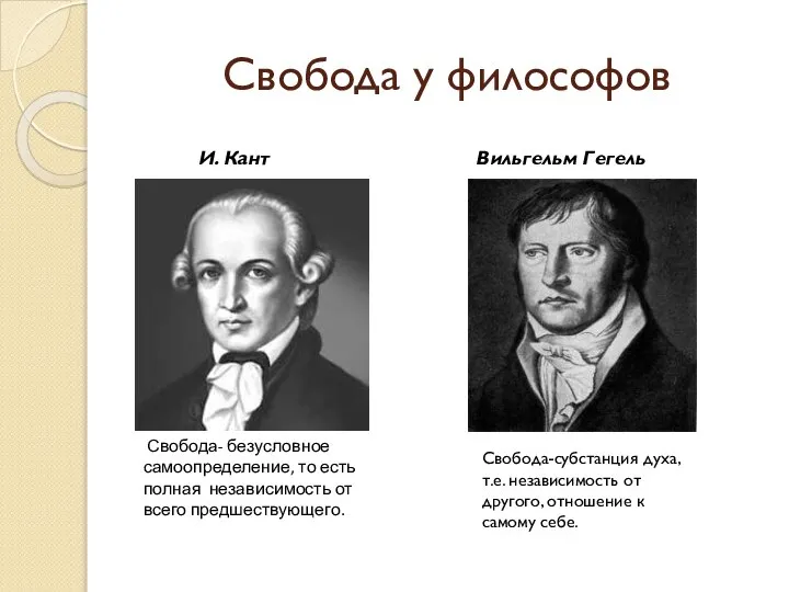 Свобода у философов И. Кант Свобода- безусловное самоопределение, то есть полная независимость