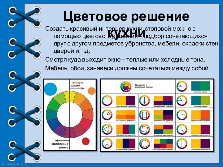 Цветовое решение кухни Создать красивый интерьер кухни-столовой можно с помощью цветового решения