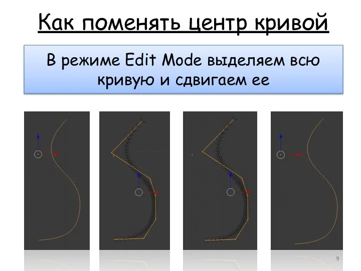 Как поменять центр кривой В режиме Edit Mode выделяем всю кривую и сдвигаем ее
