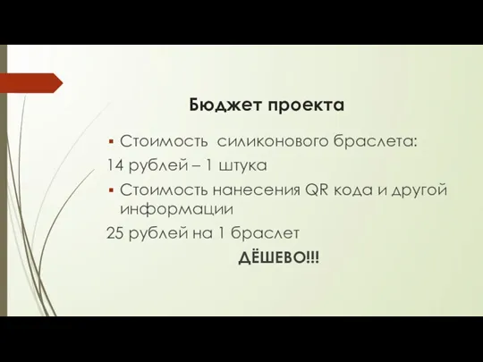 Бюджет проекта Стоимость силиконового браслета: 14 рублей – 1 штука Стоимость нанесения