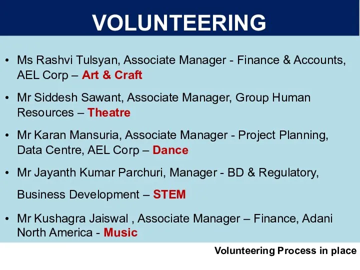 VOLUNTEERING Ms Rashvi Tulsyan, Associate Manager - Finance & Accounts, AEL Corp