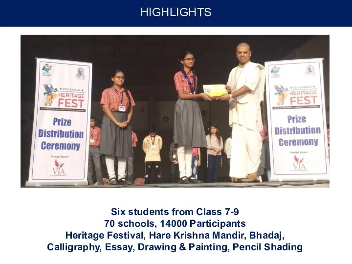 HIGHLIGHTS Six students from Class 7-9 70 schools, 14000 Participants Heritage Festival,