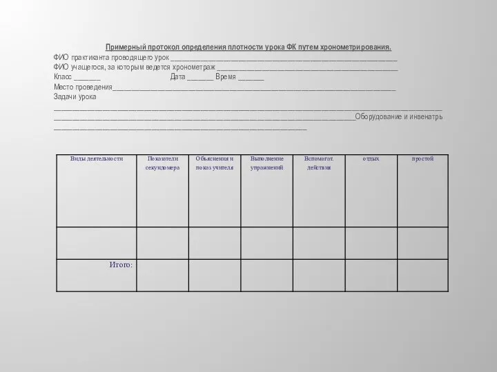 Примерный протокол определения плотности урока ФК путем хронометрирования. ФИО практиканта проводящего урок