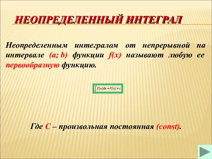 НЕОПРЕДЕЛЕННЫЙ ИНТЕГРАЛ Неопределенным интегралом от непрерывной на интервале (a; b) функции f(x)