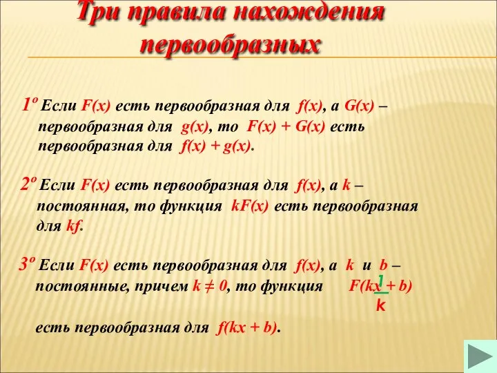 Три правила нахождения первообразных 1º Если F(x) есть первообразная для f(x), а