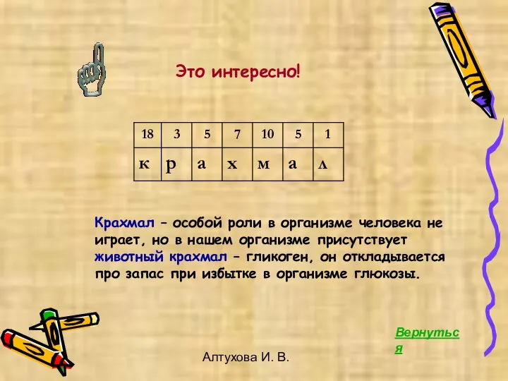 Алтухова И. В. Это интересно! Вернуться Крахмал – особой роли в организме