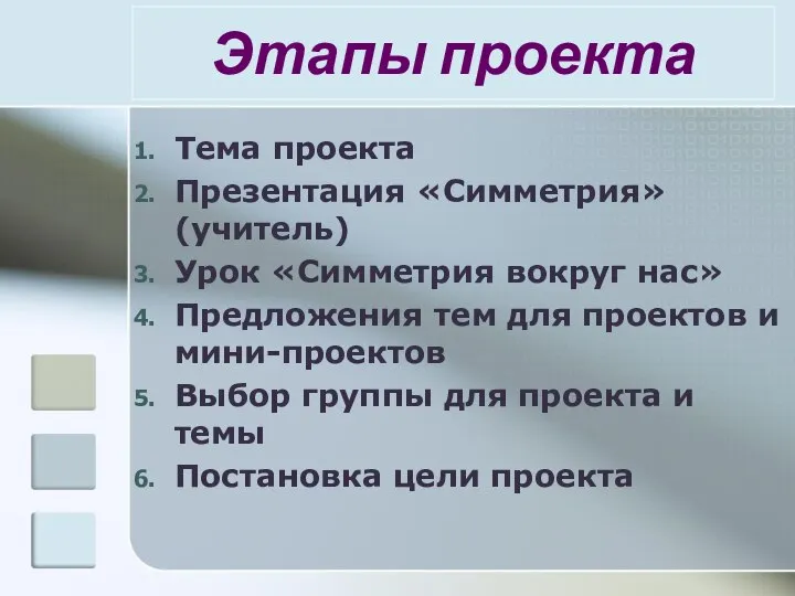 Этапы проекта Тема проекта Презентация «Симметрия» (учитель) Урок «Симметрия вокруг нас» Предложения