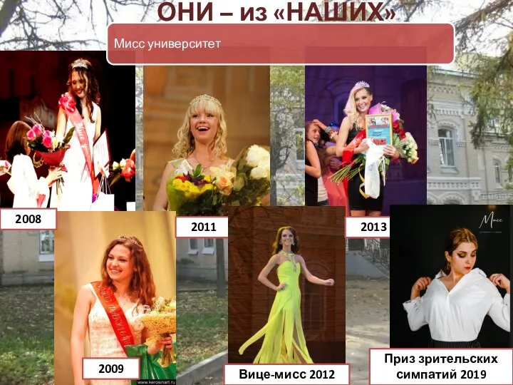 ОНИ – из «НАШИХ» 2008 2009 2011 Вице-мисс 2012 2013 Приз зрительских симпатий 2019 Мисс университет