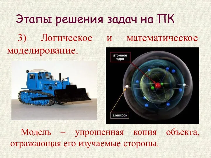 Этапы решения задач на ПК 3) Логическое и математическое моделирование. Модель –