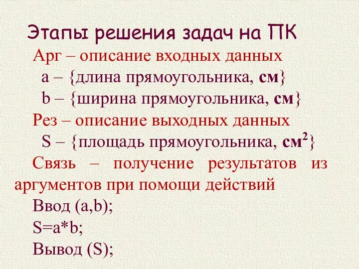 Этапы решения задач на ПК Арг – описание входных данных а –