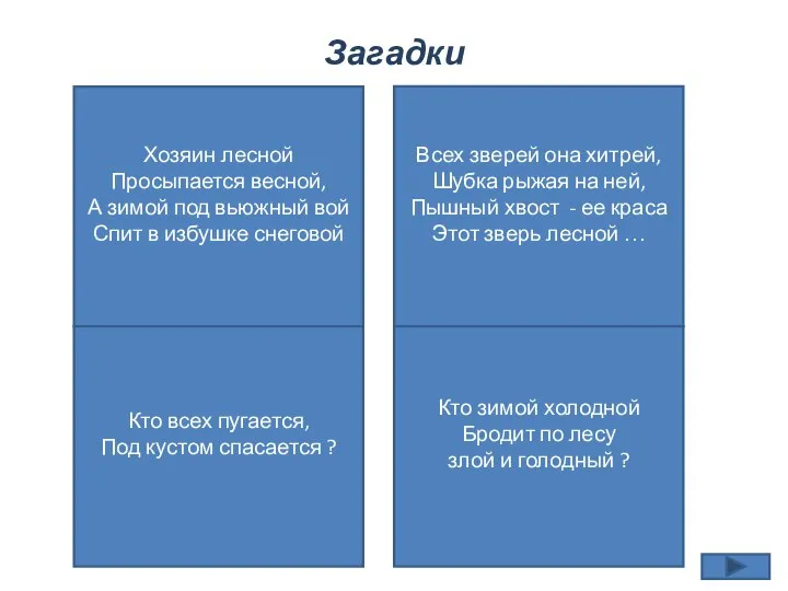 Загадки Хозяин лесной Просыпается весной, А зимой под вьюжный вой Спит в