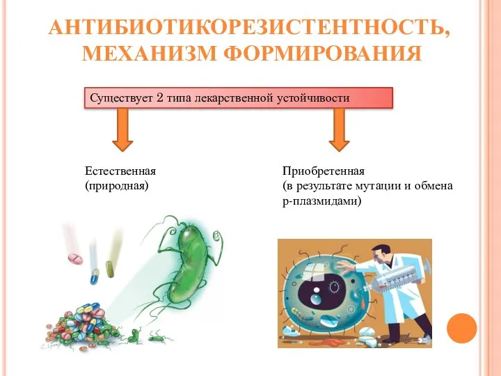 АНТИБИОТИКОРЕЗИСТЕНТНОСТЬ, МЕХАНИЗМ ФОРМИРОВАНИЯ Существует 2 типа лекарственной устойчивости Естественная (природная) Приобретенная (в