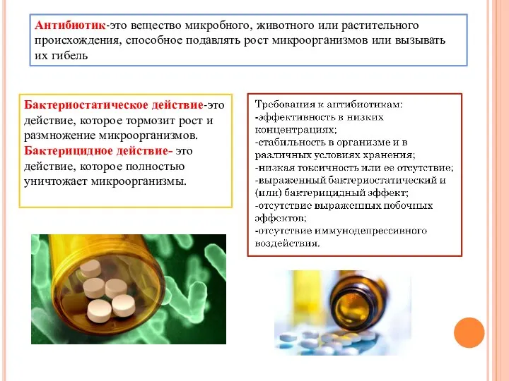 Антибиотик-это вещество микробного, животного или растительного происхождения, способное подавлять рост микроорганизмов или