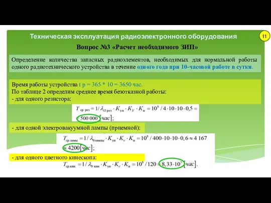 Техническая эксплуатация радиоэлектронного оборудования Вопрос №3 «Расчет необходимого ЗИП» Определение количества запасных