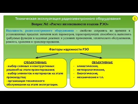 Техническая эксплуатация радиоэлектронного оборудования Вопрос №1 «Расчет интенсивности отказов РЭО» Надежность радиоэлектронного