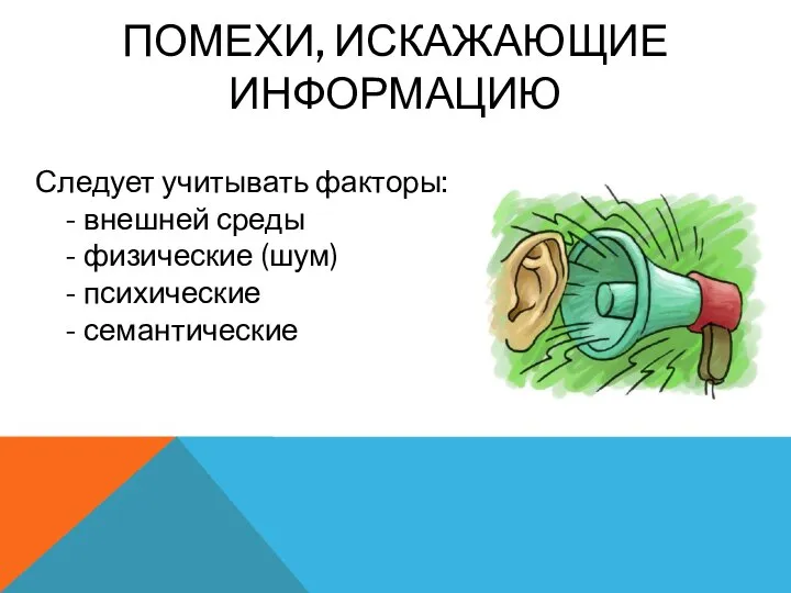 ПОМЕХИ, ИСКАЖАЮЩИЕ ИНФОРМАЦИЮ Следует учитывать факторы: - внешней среды - физические (шум) - психические - семантические