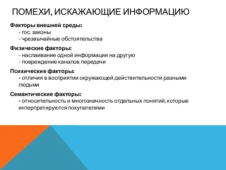 ПОМЕХИ, ИСКАЖАЮЩИЕ ИНФОРМАЦИЮ Факторы внешней среды: - гос. законы - чрезвычайные обстоятельства