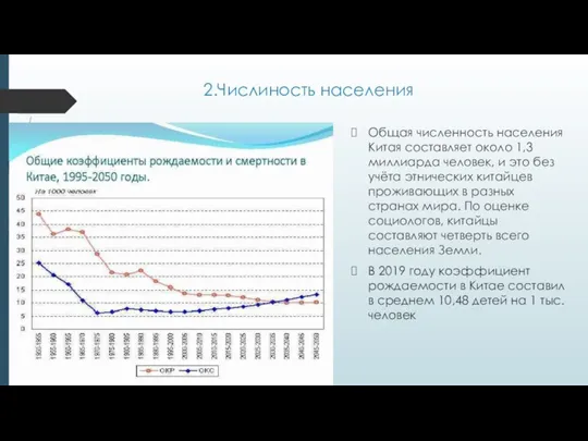 2.Числиность населения Общая численность населения Китая составляет около 1,3 миллиарда человек, и