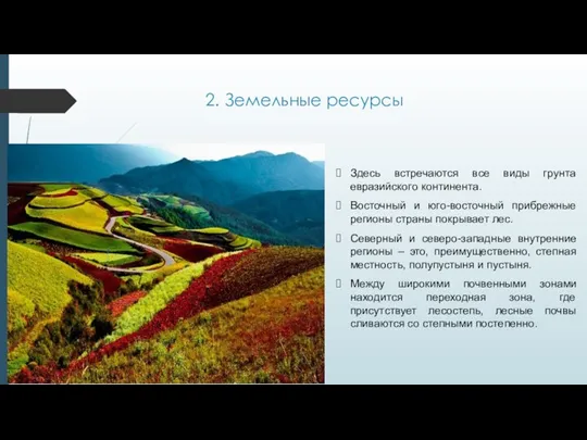 2. Земельные ресурсы Здесь встречаются все виды грунта евразийского континента. Восточный и