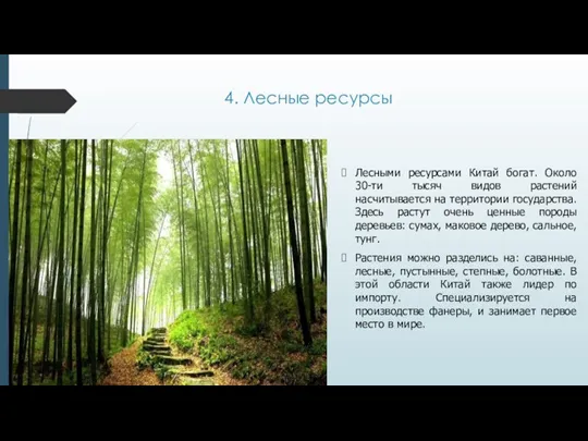 4. Лесные ресурсы Лесными ресурсами Китай богат. Около 30-ти тысяч видов растений