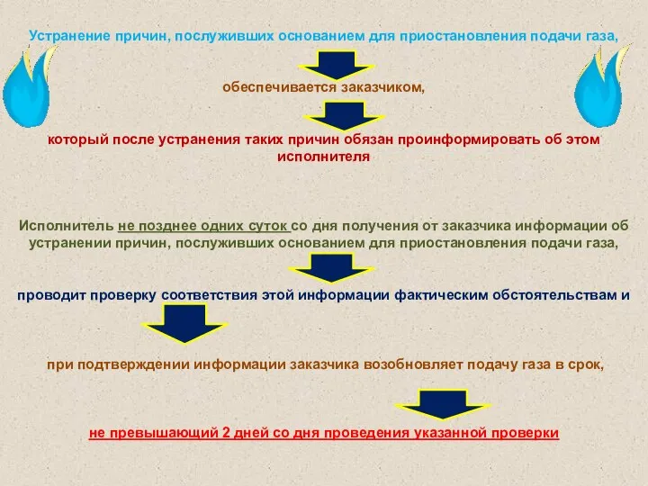 Устранение причин, послуживших основанием для приостановления подачи газа, обеспечивается заказчиком, который после