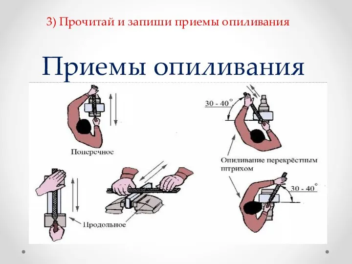 Приемы опиливания 3) Прочитай и запиши приемы опиливания