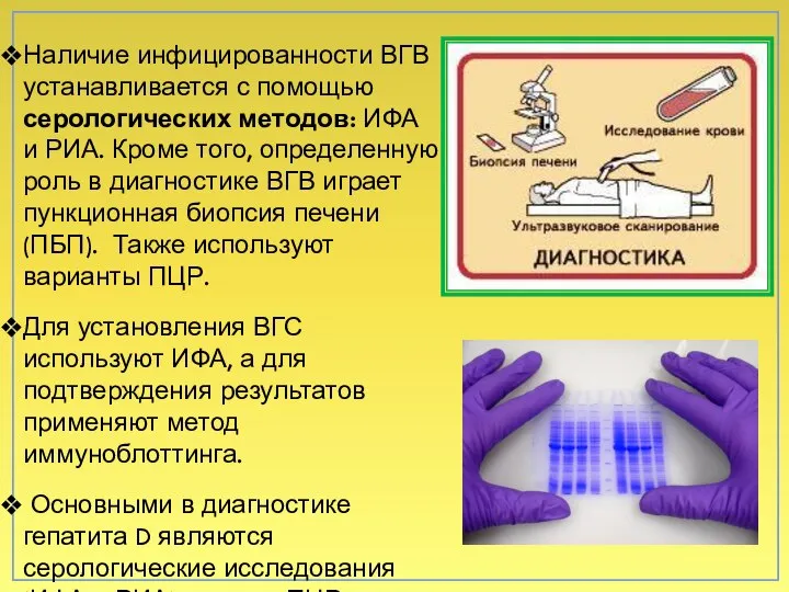 Наличие инфицированности ВГВ устанавливается с помощью серологических методов: ИФА и РИА. Кроме