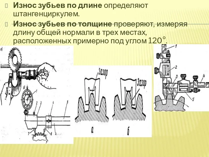 Износ зубьев по длине определяют штангенциркулем. Износ зубьев по толщине проверяют, измеряя