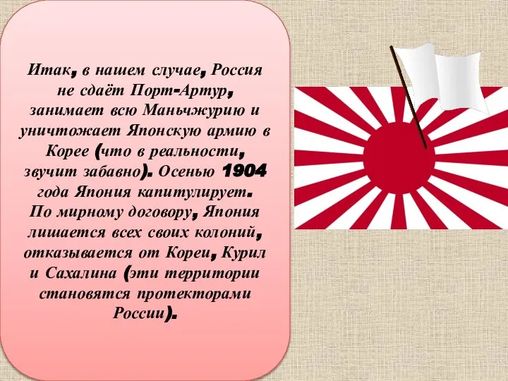 Итак, в нашем случае, Россия не сдаёт Порт-Артур, занимает всю Маньчжурию и